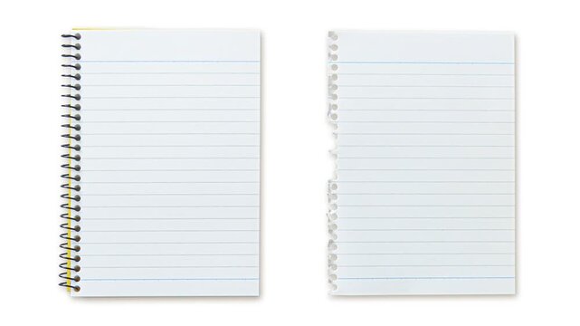 Spiral notebook page tear animation on white background