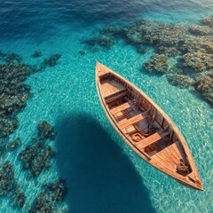 Obraz premium Wooden boat on vibrant coral reef