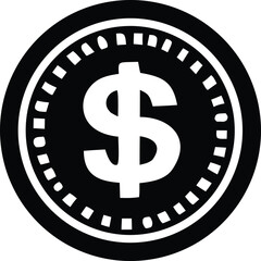 Bold black and white graphic icon of a dollar sign centered within a circular coin emblem with notched edges