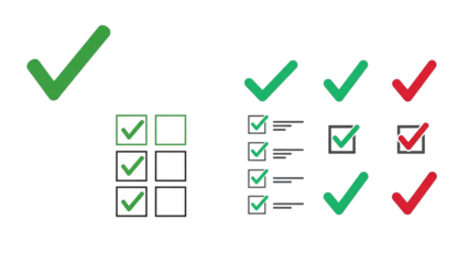 Illustrations of checkmarks and notepads with checklists, signifying successful file submissions to a stock content website. The image shows a range of green and red checks and completed lists.

