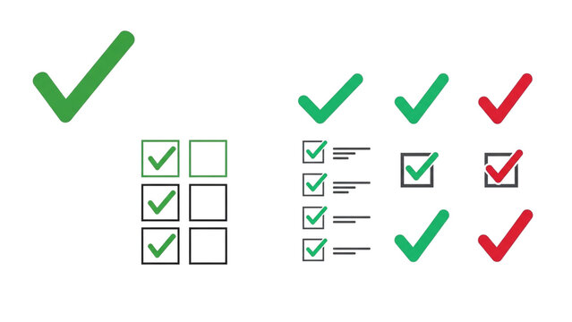 Illustrations of checkmarks and notepads with checklists, signifying successful file submissions to a stock content website. The image shows a range of green and red checks and completed lists.

