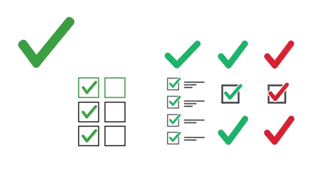 Illustrations of checkmarks and notepads with checklists, signifying successful file submissions to a stock content website. The image shows a range of green and red checks and completed lists.

