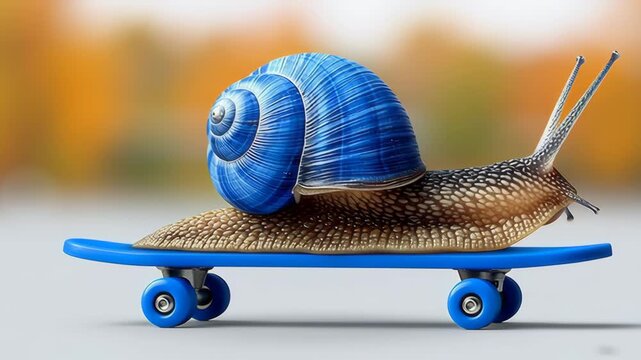 Snail with vibrant blue shell riding a skateboard, showcasing a unique blend of nature and urban culture, set against a blurred background of autumn foliage, symbolizing creativity and fun