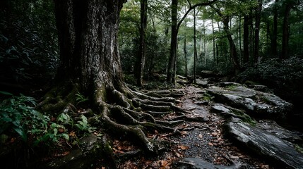 a large tree stands prominently on the left side of the image, its roots extending across the ground. a pathway stretches into the distance, winding through the forest