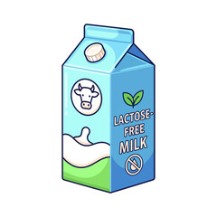 Cartoon illustration of a lactose-free milk carton featuring a cow and leaves.