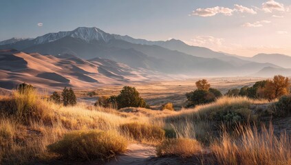 Golden desert landscape meets snowy mountains at sunrise