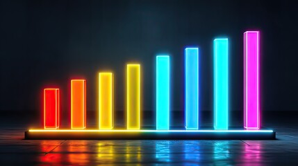 Fototapeta premium Colorful Neon Bar Graph Displaying Data Progression on Dark Background for Business and Finance Concepts