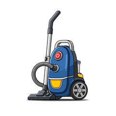 Cartoon illustration of a blue and yellow canister vacuum cleaner.