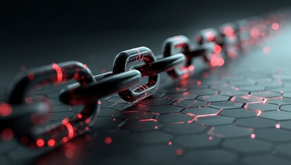 Chain links with red glowing defects on a dark hexagonal grid