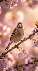 Naklejka premium A vibrant bird, perched on a blossoming cherry tree branch, is captured in a close-up shot against a soft, blurred background of pink flowers.