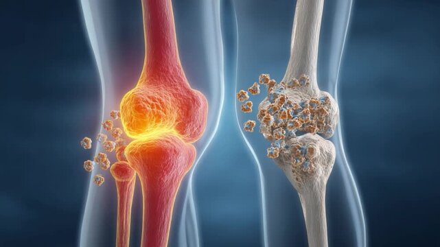 Knee Comparison: A medical illustration showcasing the impact of osteoarthritis on a human knee, providing a clear visual contrast between a healthy and a damaged joint.