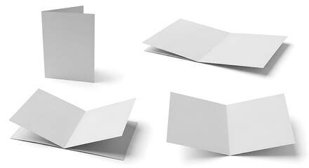 Collage of folded paper brochures or cards from multiple angles, isolated on white background