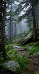 Obraz premium Misty mountain path through lush forest (1)