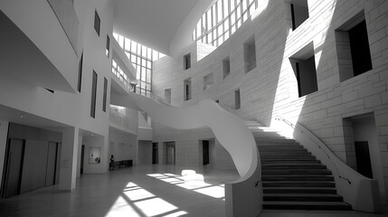Obraz premium the image depicts a large, bright atrium in a building with strong architectural elements. light streams through the glass ceiling, casting patterns on the floor and walls