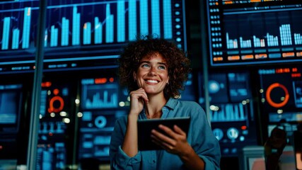 Smiling Businesswoman Using Tablet with Data Analytics Screens – Confident Decision Making in Modern Business