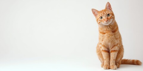 The orange cat with an adorable expression sitting on a clean background.
