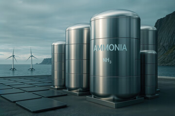 Obraz premium Green ammonia storage. Industrial tanks for storing green ammonia, produced using renewable energy from offshore wind turbines in the background.