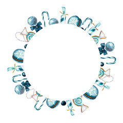 Sweets blue New Year and Christmas. Round frame watercolor hand-drawn for design of postcards, textiles and decor