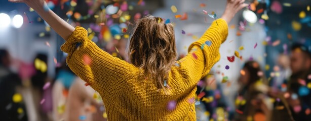 The joyful woman celebrating with colorful confetti in a festive atmosphere