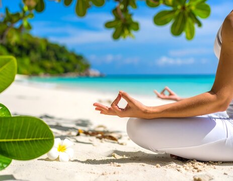 Sunlit beach meditation — side view of woman seated in cross‑legged pose with Gyan mudra on tropical shore - Powered by Adobe
