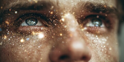 Close-up of a person's face adorned with golden glitter.