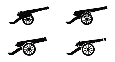 Set of black silhouettes of historical cannons on white background