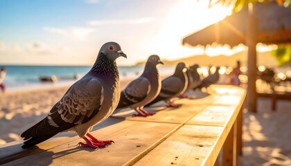 Pigeons lined up on a beachside table at sunset &mdash; tropical seaside scene with parasols, plumeria flowers and ocean view
