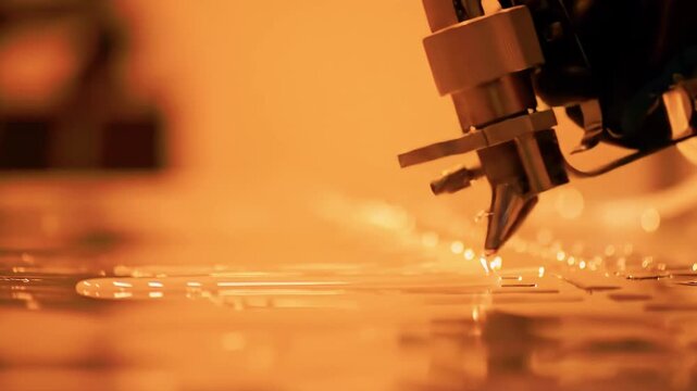 Precision application of adhesive by a robotic arm in a warm workshop, showcasing advanced technology