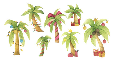 Cute Palm Tree With Christmas Ornaments. Beach Celebration. Watercolor Tropical Decor for Xmas, New Year, and Beach Party