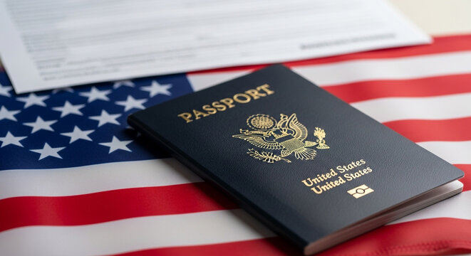 A United States passport rests on an American flag symbolizing the privilege of international travel citizenship and national identity for US citizens abroad