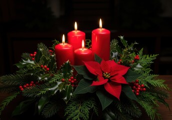 Four red advent candles with a poinsettia flower and greenery, symbolizing the christmas season