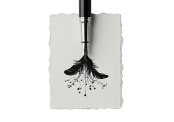 A sleek metallic black fountain pen on textured off-white paper with deep black ink actively leaking and feathering into fibers, top-down on a transparent background. Concept of precise liquid