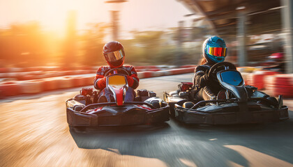 Boy and girl racing go-karts on outdoor track at sunset