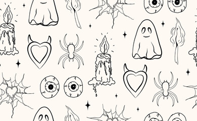 Whimsical hand drawn halloween seamless pattern. Doodle sketch elements, magic spooky pumpkin character. Fun cartoon symbols, ghost, eyes, spider, web for decoration, horror party. Isolated vector ill