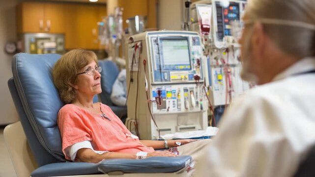 Dialysis Patient: A patient rests in a hospital bed while undergoing dialysis with supportive care from doctor. A poignant moment capturing the human experience within the medical landscape.