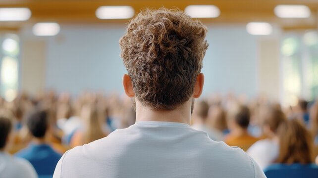 presentation and woman attending a conference, observing a captivating Man a bustling eager auditorium with filled participants