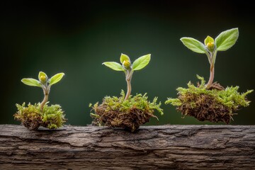 Three young plants sprout from moss on a log, stages of growth