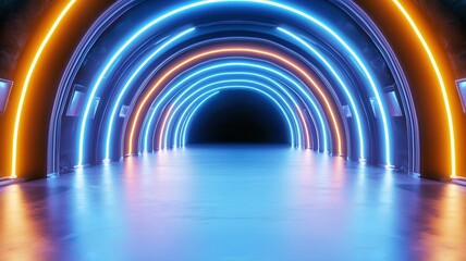Vibrant neon lights glowing inside sleek, curved urban radiating futuristic energy tunnel