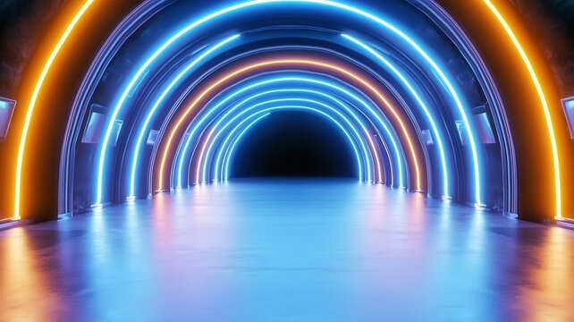 Vibrant neon lights glowing inside sleek, curved urban radiating futuristic energy tunnel - Powered by Adobe