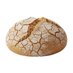 A single, hard, stale bread roll with a heavily shattered crust and fine cracks, isolated on a uniform transparent background with flat lighting, commercial product photography concept