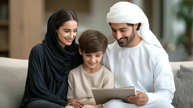 Caring Arabic couple discussing school with their son on a sofa