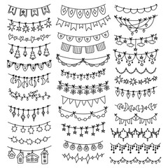 Doodle black on white flag garland. Taut holiday flags. Stars, houses, lanterns, icicles, snowflakes, clouds, Christmas trees, houses. Various shapes on string. Hanging flags. Holiday decoration © Svetlana