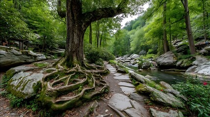 the image captures a lush, green scene along a winding stream. a large tree with exposed roots dominates the left side, its trunk extending upwards into the dense canopy