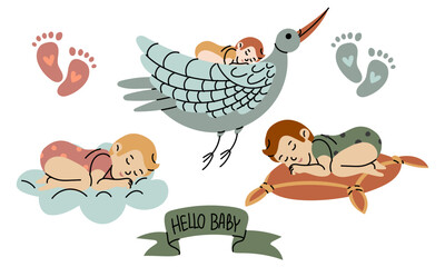 set hello baby with sleeping boy and girl, gender party. Babies sleeping on cloud, pillow, stork. Ribbon with inscription, colored traces pink and blue. Flat color isolated illustration.