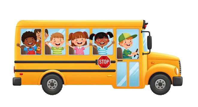 A cartoon yellow school bus filled with cheerful children waving from the windows on a white background