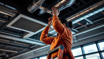 Technician repairing ventilation. An HVAC technician on a ladder installs or repairs a ventilation system in a commercial building.