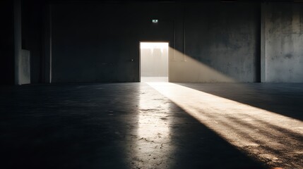 Sunlight streams into an empty industrial space.