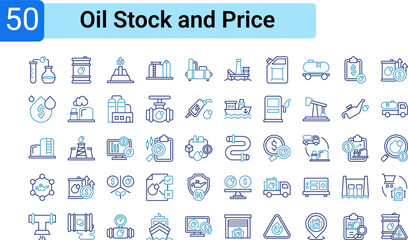 Set of icon elements related to the oil industry, from exploration, production, processing, transportation, storage, to financial and pricing aspects.