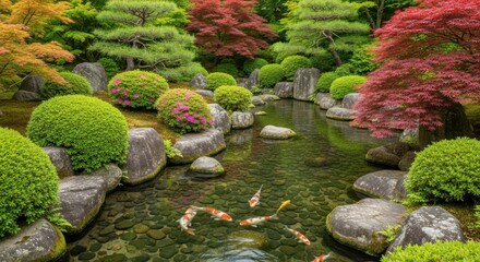 Serene Japanese Garden Pond with Koi Fish and Lush Greenery