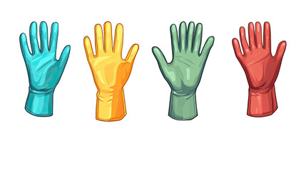 Obraz premium Set of human hands wearing colorful rubber gloves for cleaning and protection isolated on white background 